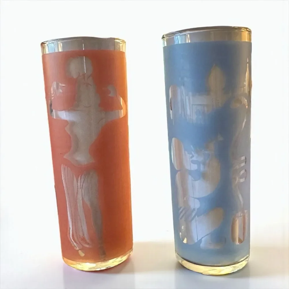 Pair of Vintage Dominion Glass Canada Arabian Tom Collin’s Glasses Pink Blue